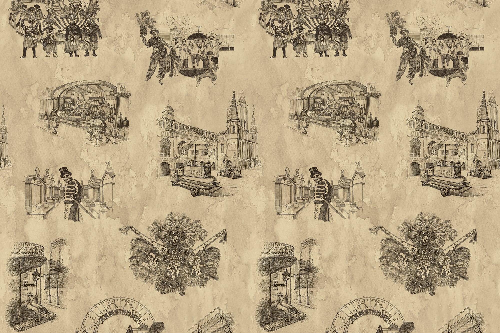 New Orleans Toile: Backstreets - Black and Gold
