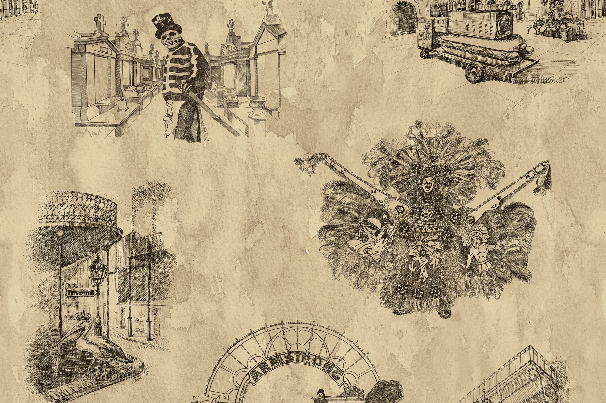 New Orleans Toile: Backstreets - Black and Gold