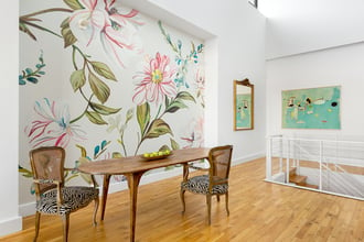 Camellias in Soft Light adding appetizing ambiance to this Tita Omeze designed dining room. Photography by: Allyson Lubow