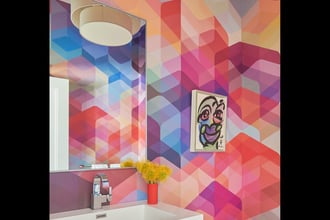 Designed by the colorful masterminds at D2 Interieurs, this bold bathroom is flush with feel-good vibes thanks to our Cuben Rounded Flavor. Photo Credit: Jane Beiles