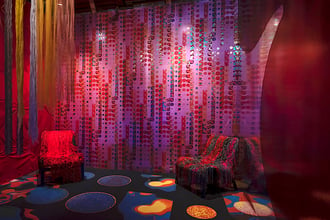 Liz Collins' second room plays with shapes and textures to create a super trippy experience. A custom colorway of Permanent Sunset works the walls; if you're into it just give us a ring and we'll make it happen.