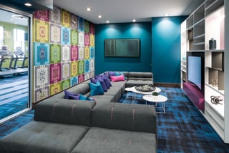 Love Monkey (created by DFC) infuses the perfect playful vibe to this lively HMARQ Studios designed apartment complex lounge in Colorado.