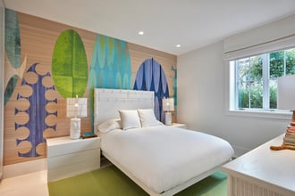 In one of her recent residential projects, Flavor Paper friend and collaborator, Ghislaine Viñas, designed the interior of a beautiful house in Montauk.  Several of the rooms are lined with our papers and they couldn't look better. Organic textures and shades of blue and green make this bedroom wallpaper a hit.                                        Photo Credit: Garrett Rowland