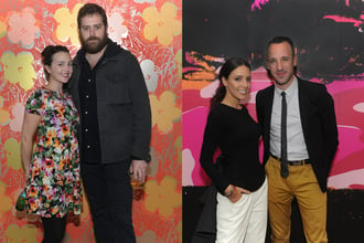 Ara Starck-Furst and David Furst in front of Flowers and Janete Rodas of Industry Group with Tomas Longo of the Andy Warhol Foundation