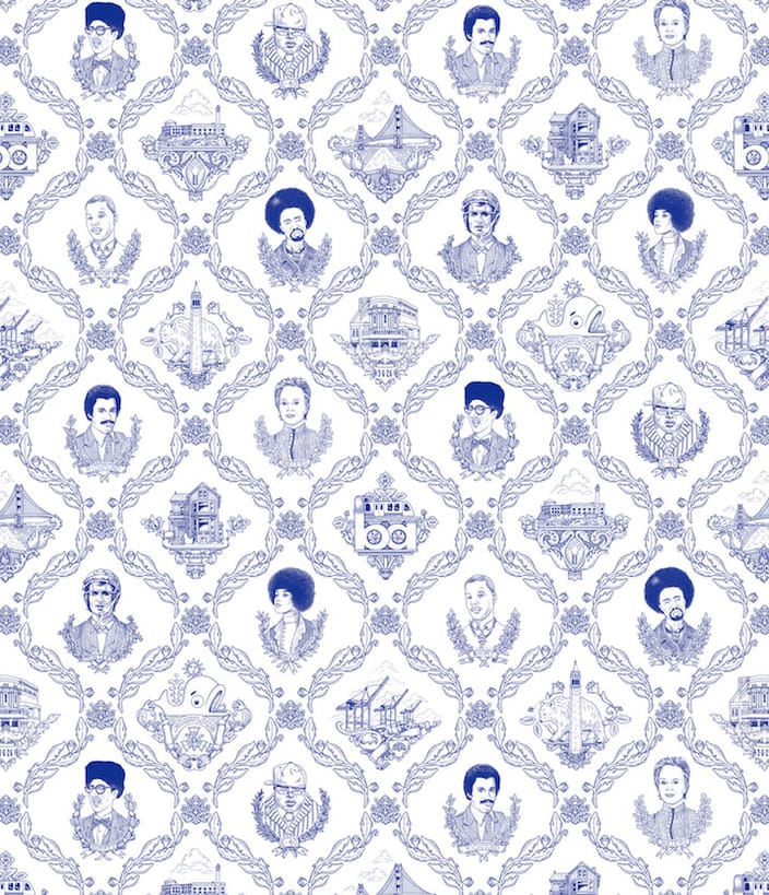 Comedy troupe The Lonely Island teamed up with us and artist Matt Ritchie to create a limited edition artist’s run Bay Area themed toile wallpaper. The wallpaper incorporates Matt 136’s original artwork of Bay Area legends, such as rappers Too $hort, E-40, Humpty Hump and Mac Dre as well as culinary icon Alice Waters, football hall of famer Joe Montana, political activist Angela Davis and newscaster  Dennis Richmond as well as classic local landmarks. “We were inspired by Mike D’s ‘Brooklyn Toile’ wallpaper. It’s a way to celebrate the Bay Area even when you no longer live there” said Lonely Islander Jorma Taccone. “Matt created a beautiful hand drawn toile that represents what it’s like to grow up in the Bay.” This design is available in Ballpoint Blue, but if you're craving a different color we can make that happen.
