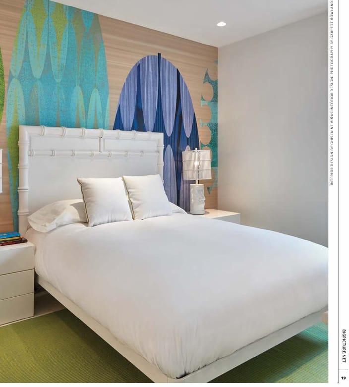 Padauk, shown here, behind the bed brings a beachy-feel to the room. The design mixes a variety wood-like textures with blues and greens making the space feel airy and natural.