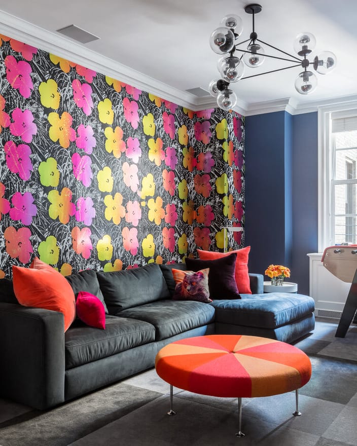 Naturally, NYC based interior designer Kellie Franklin picked Flowers to add a playful pop of color to this fab family room.