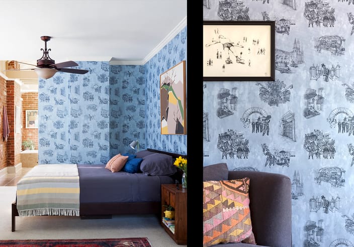 New Orleans Toile in Indigo really jazzes up this Denver, CO bedroom. Photo cred: Sussie Brenner