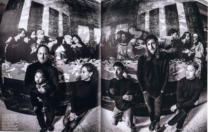 'The Last Supper' mural in Orchard Camo, with Jon Sherman, his son Cosimo and wife Denie, and Flavor Paper's Head Production Artist Bauby Tan, Production and Studio Manager Nate Moore and Designer Evan Raney (Left to Right).