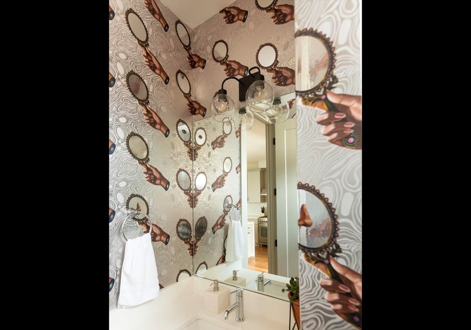 Mirror, mirror on the wall...who's one of the prettiest papers of them all? Sorry, had to, but the answer is clearly About Face, which makes a splash in this JL Design Nashville powder room. Photography by: Leslee Mitchell Photography