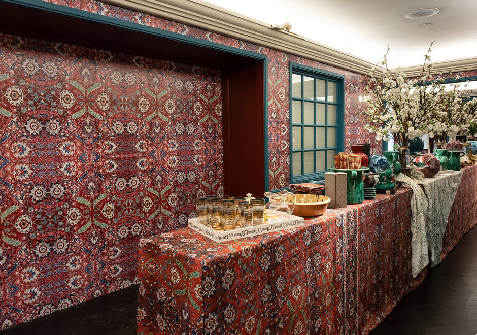 This wallpaper was a custom design done for Bergdorf Goodman. It was created to look like a Persian Rug