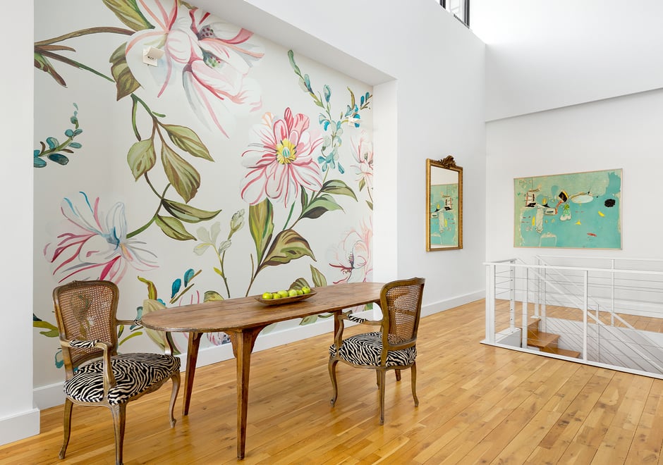 Camellias in Soft Light adding appetizing ambiance to this Tita Omeze designed dining room. Photography by: Allyson Lubow