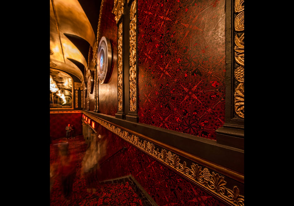 Jon Sherman's custom designed rock & roll lace wallpaper funking up the Capitol Theater lobby