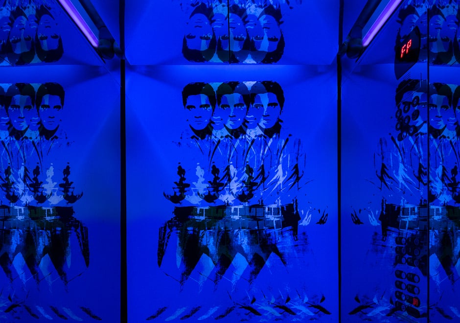 Triple Elvis with a double blacklight Elvis on the Flavor Paper elevator during Brooklyn Design Open Studios