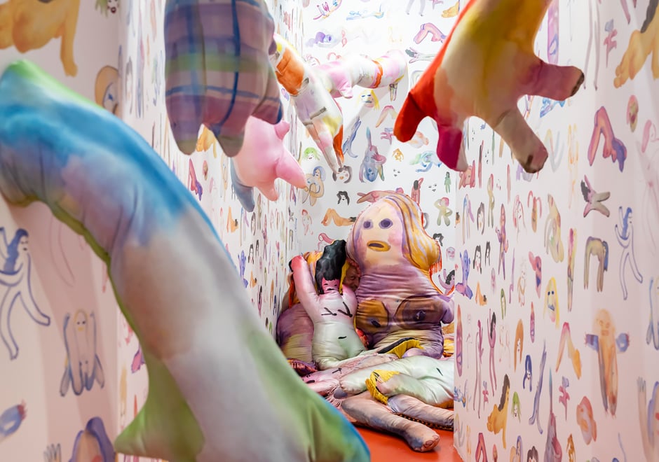 Flutter is all about inspiring and celebrating discovery. Katie Stout nails it with her lady cave featuring custom soft hand sculptures that really draw you into the space, leading to a playful pile of silk-covered girls that mimic the pastel watercolor babes in the 'Ladies' wallpaper we created with her for our Fempower collection. Dive on in! (If you look closely enough you'll see that Jon Sherman did)