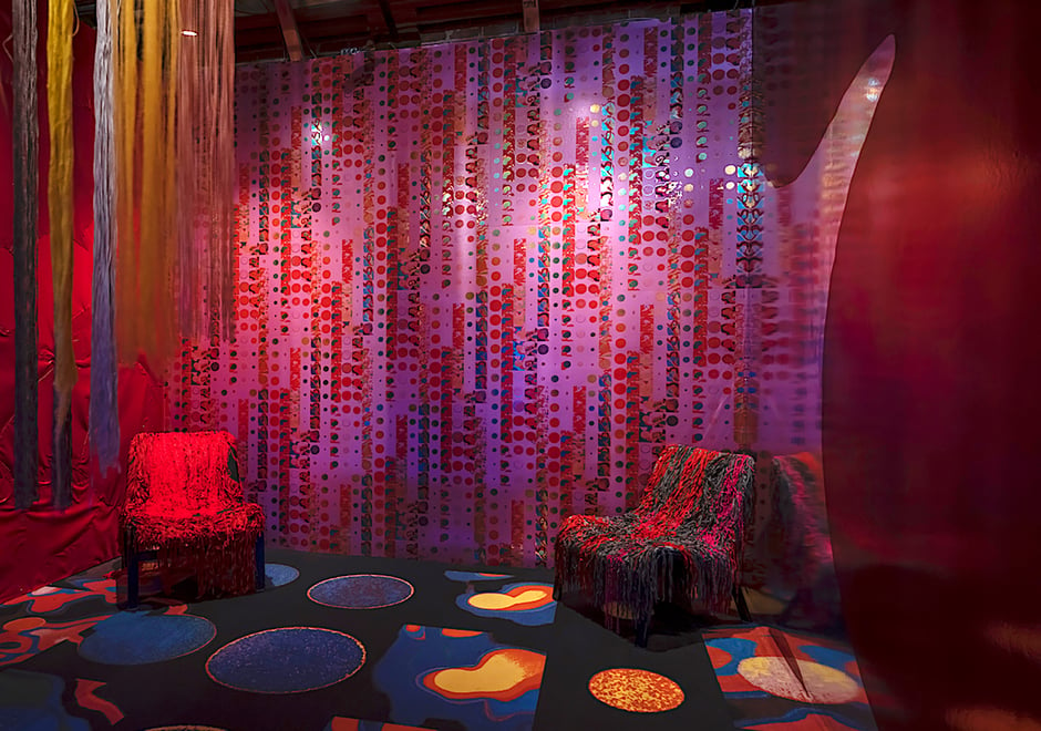 Liz Collins' second room plays with shapes and textures to create a super trippy experience. A custom colorway of Permanent Sunset works the walls; if you're into it just give us a ring and we'll make it happen.