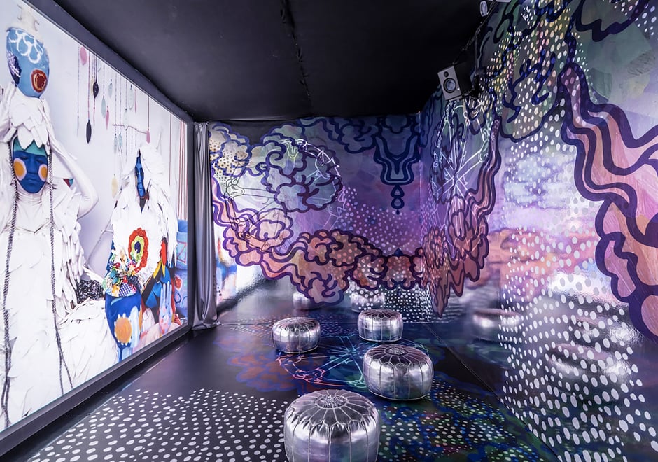 Saya Woolfalk' wowed with juxtapositions of projections and super energetic, reflective wallpaper we custom created with her. While not in our main line, we're happy to recreate this design for you; just give us a shout.