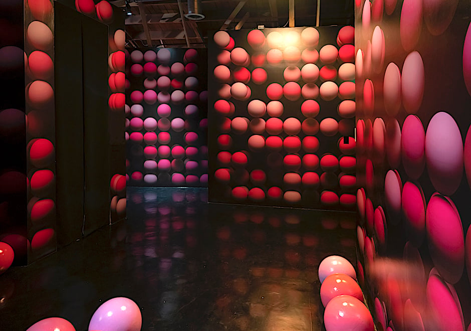 Dozens of paint- and resin-covered foam balls and custom wallpaper we created with Town and Concrete founder Cyril Lancelin compose her Sphere Stack space. Call us if you're in the market for a ballsy wallpaper and we'll create it for you.