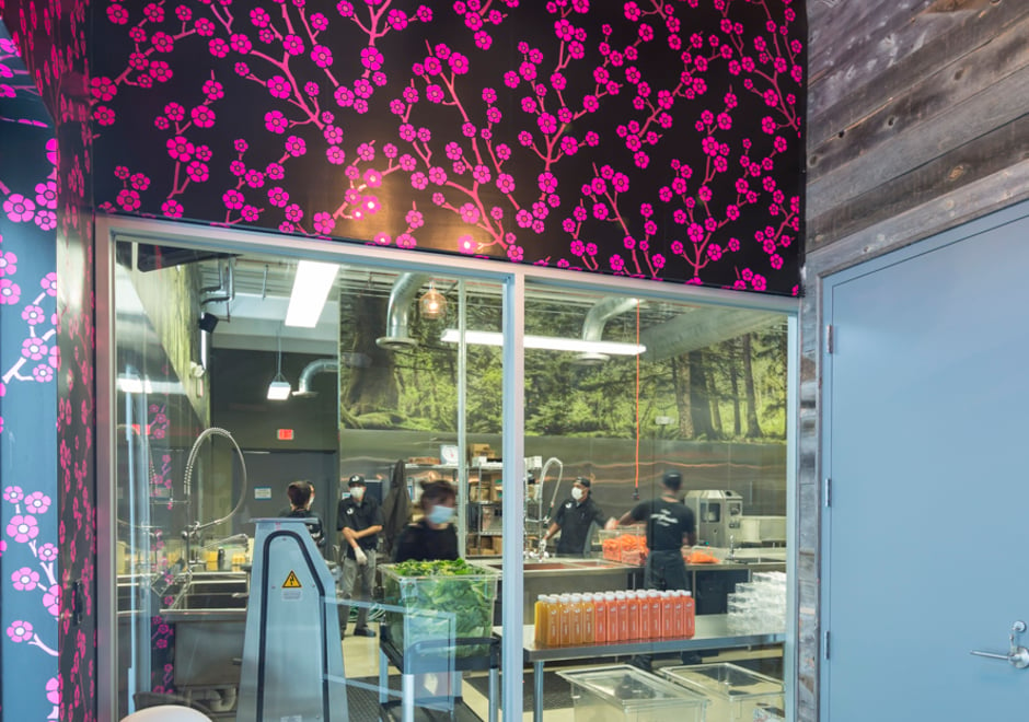 The warehouse entry featuring Sakura in Pink Pop gives a glimpse into the production space and custom digital wallpaper