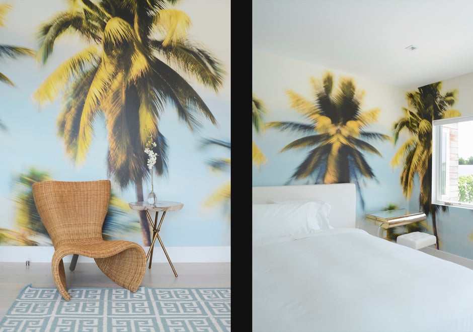 Palm Glimpse gives off easy, breezy, feel-good vibes in Sasha's bedroom.