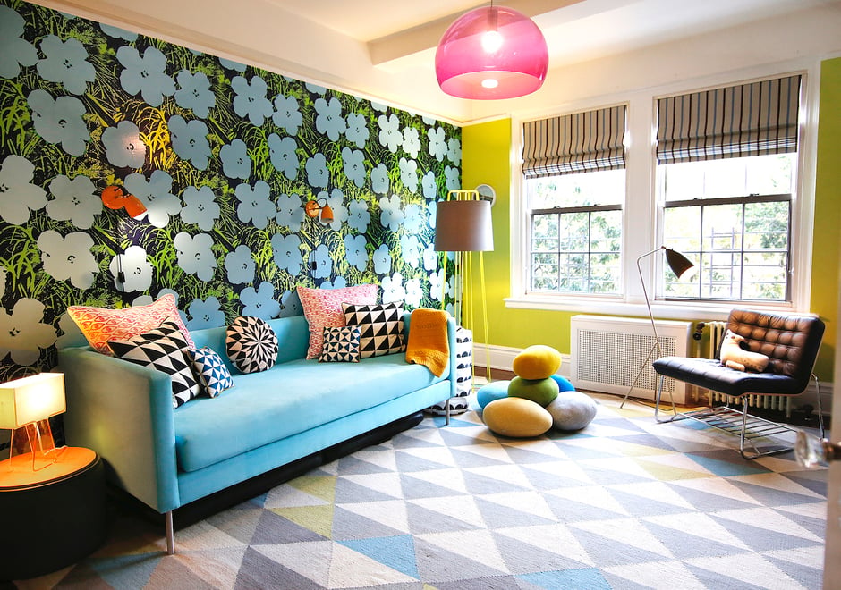 Our Warhol Flowers pop with the fresh, feel-good vibe Sarah Elizabeth Design was looking for when imaging this ultra-fun kids’ lounge. Photography by: Joseph Keller