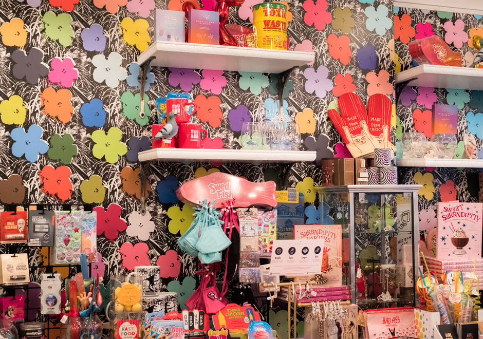 Eye-candy for your walls and sugar for your soul...the swag and sweets bar at Serendipity is as fresh as our Small Flowers EZ Papes wallpaper!