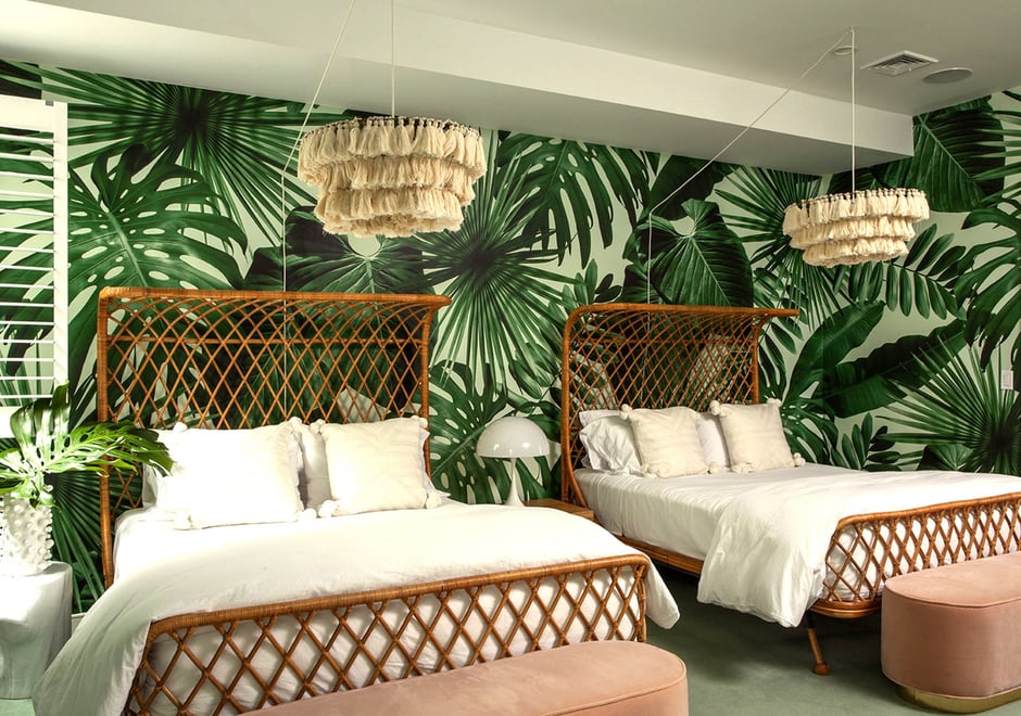 Wild Thing in Wildly Mint brings a taste of the tropics to this East Hampton, NY guest room.