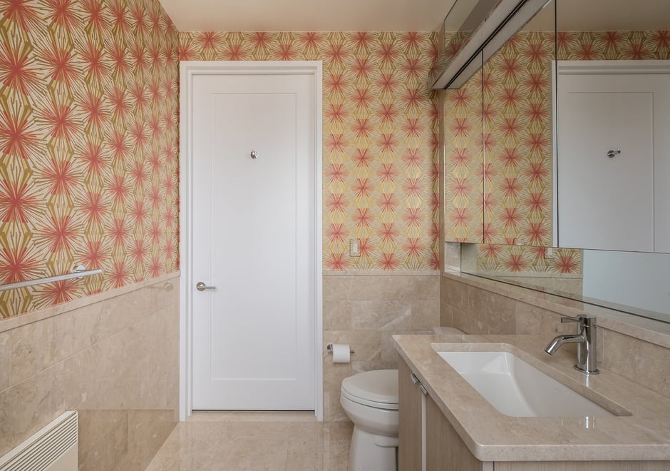 Meteor Flower in Mayan Regency adds color and depth to an unassuming bathroom.