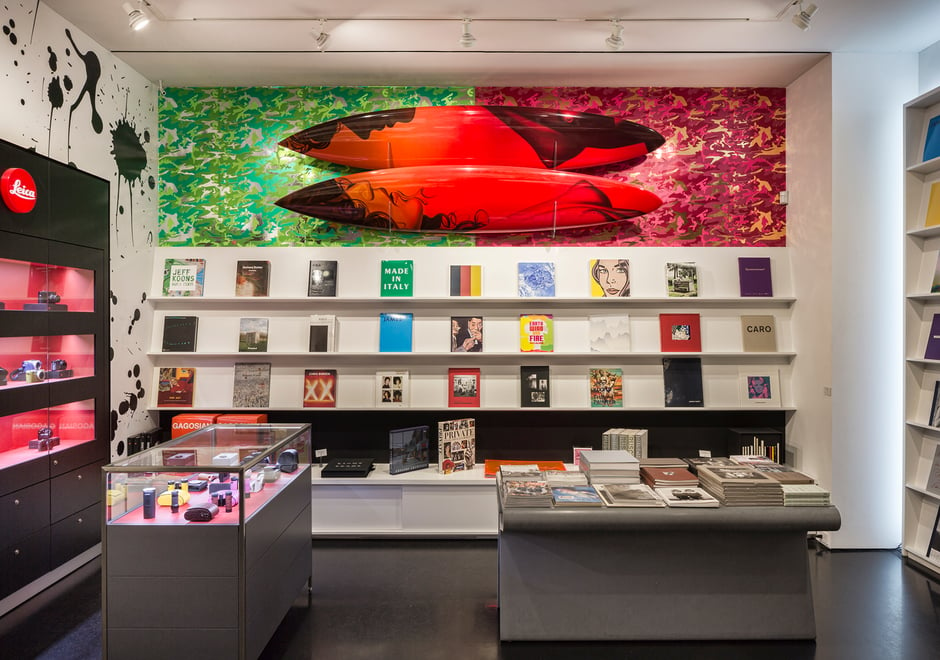 Warhol Camouflage in Mossy Field and Poppy Field add lots of color to the surfboard and book wall.
