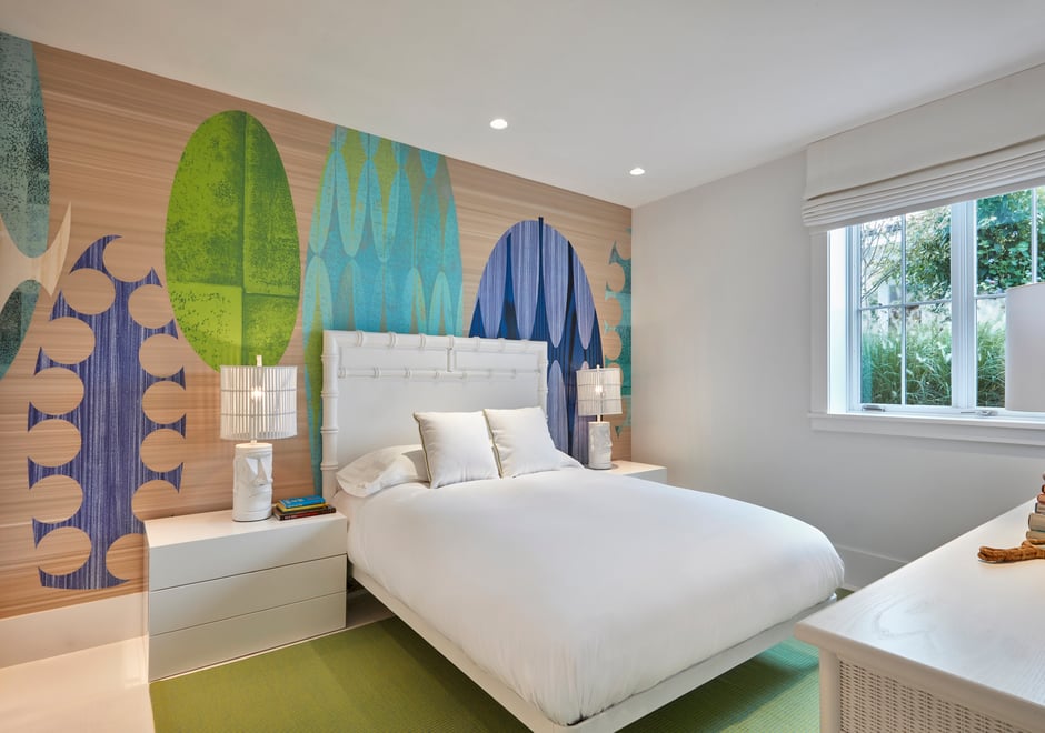 In one of her recent residential projects, Flavor Paper friend and collaborator, Ghislaine Viñas, designed the interior of a beautiful house in Montauk.  Several of the rooms are lined with our papers and they couldn't look better. Organic textures and shades of blue and green make this bedroom wallpaper a hit.                                        Photo Credit: Garrett Rowland