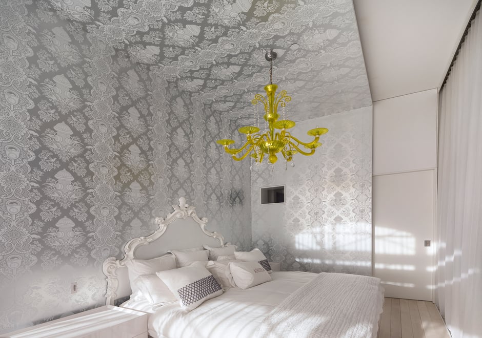 Custom white on silver City Park on the master bedroom walls and ceiling