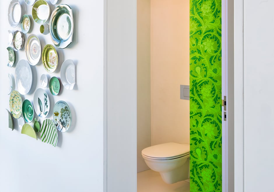 Custom colored Power Plant adds whimsy, pop and panache to the half bath