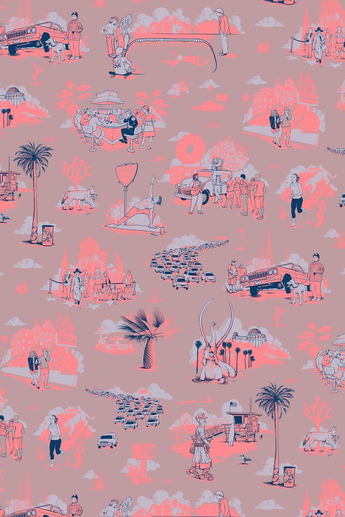 Here's a closer look at the traditional French country toile flipped to showcase the chill counterculture vibe that makes L.A. the place to be. From the freeway, rich and infamous, to noteworthy landmarks and need for namaste all day every day, Los Angeles Toile takes you on a slow and low ride through la-la land’s lexicon with classic Flavor Paper twists.