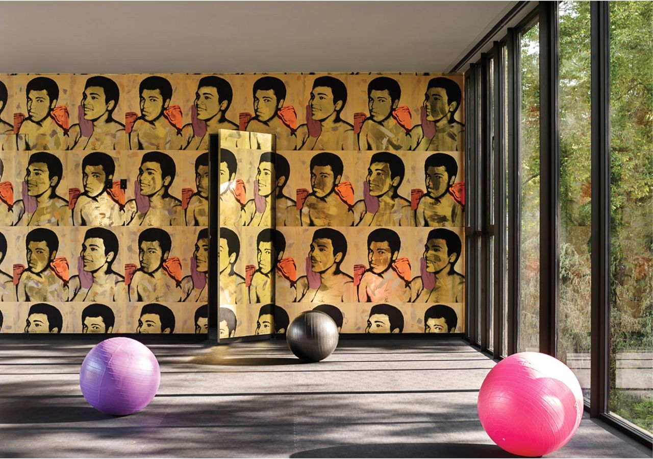 Sweating how to add style to a gym? Take a cue from Harrison Design and work the walls with our Warhol Ali Flavor. If this shot of an exercise room at a private pad in Atlanta doesn't inspire then we don't know what will. Photography credit: Emily Followill   