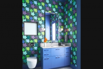 Small Flowers in Iolite makes a major splash in this Alice Cottrell designed pool house bathroom. Styling by: Russell Brightwell | Photography by: Stephen Karlisch