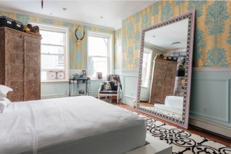 Monaco amps up the eclectic vibe of this Lena Lalvani designed master bedroom with its traditional damask pattern that’s been pumped up for a modern twist.