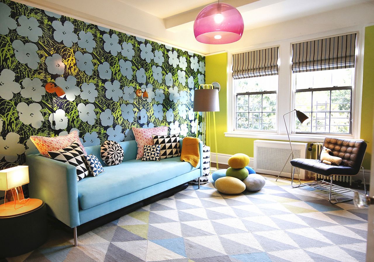 Our Warhol Flowers pop with the fresh, feel-good vibe Sarah Elizabeth Design was looking for when imaging this ultra-fun kids’ lounge. Photography by: Joseph Keller