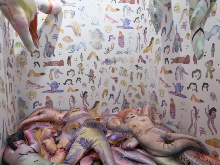 For the 2019 interactive, multi-media art exhibit Flutter in Los Angeles, Katie created a lady cave featuring custom soft hand sculptures that really draw you into the space, leading to a playful pile of silk-covered girls that mimic the pastel watercolor babes in the Ladies wallpaper we created together. You bet we dove in and lounged around for a while!