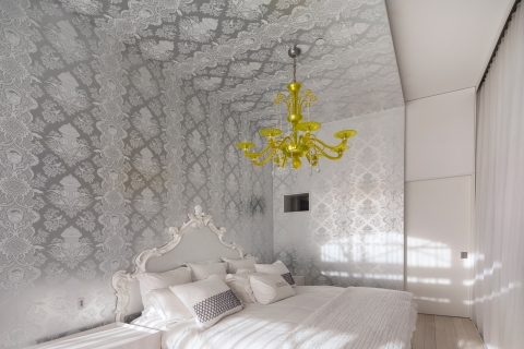 Custom white on silver City Park on the master bedroom walls and ceiling