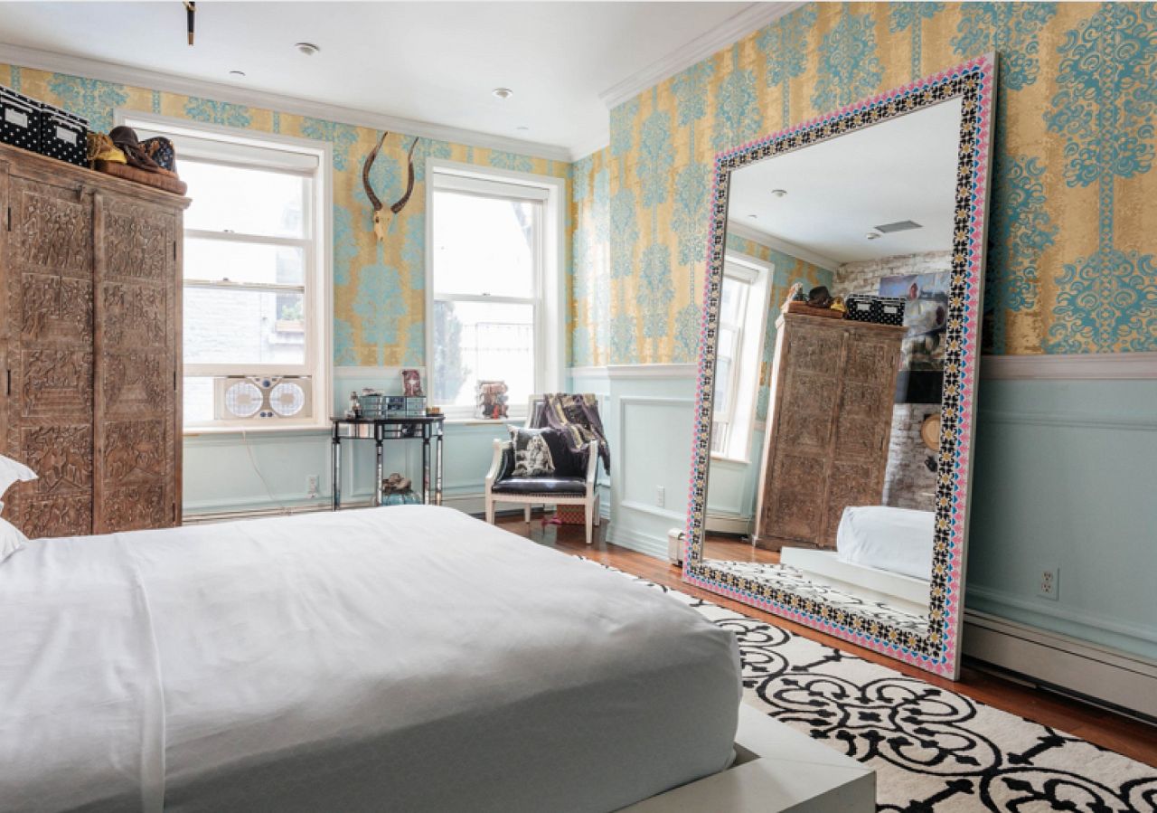 Monaco amps up the eclectic vibe of this Lena Lalvani designed master bedroom with its traditional damask pattern that’s been pumped up for a modern twist. 