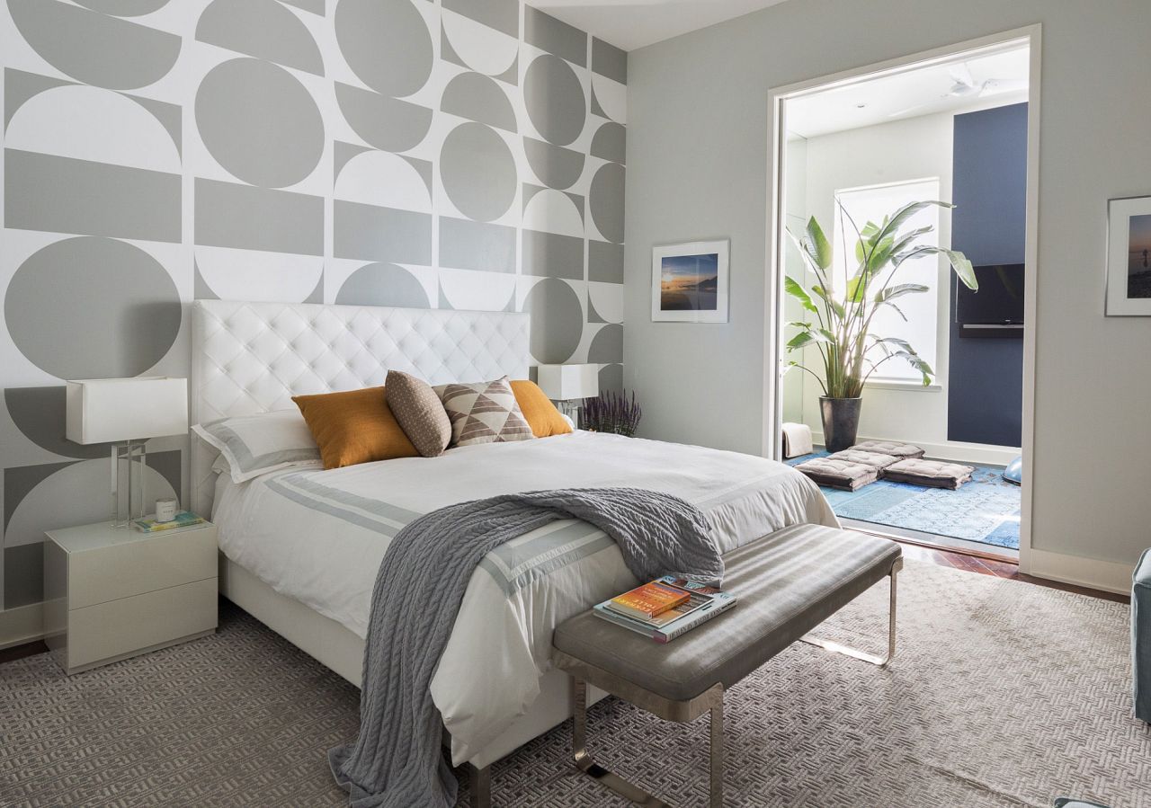 Despite its dynamic design, Brasilia (in a custom colorway) infuses a sense of soothing sophistication in this Michael Garvey designed Brooklyn bedroom.   
The large-scale geometric pattern, which is created by the crew at Kravitz Design, can be hung straight across or as the upside-down flip pictured here, or anyway in between. Photography by: Greg Endries      
